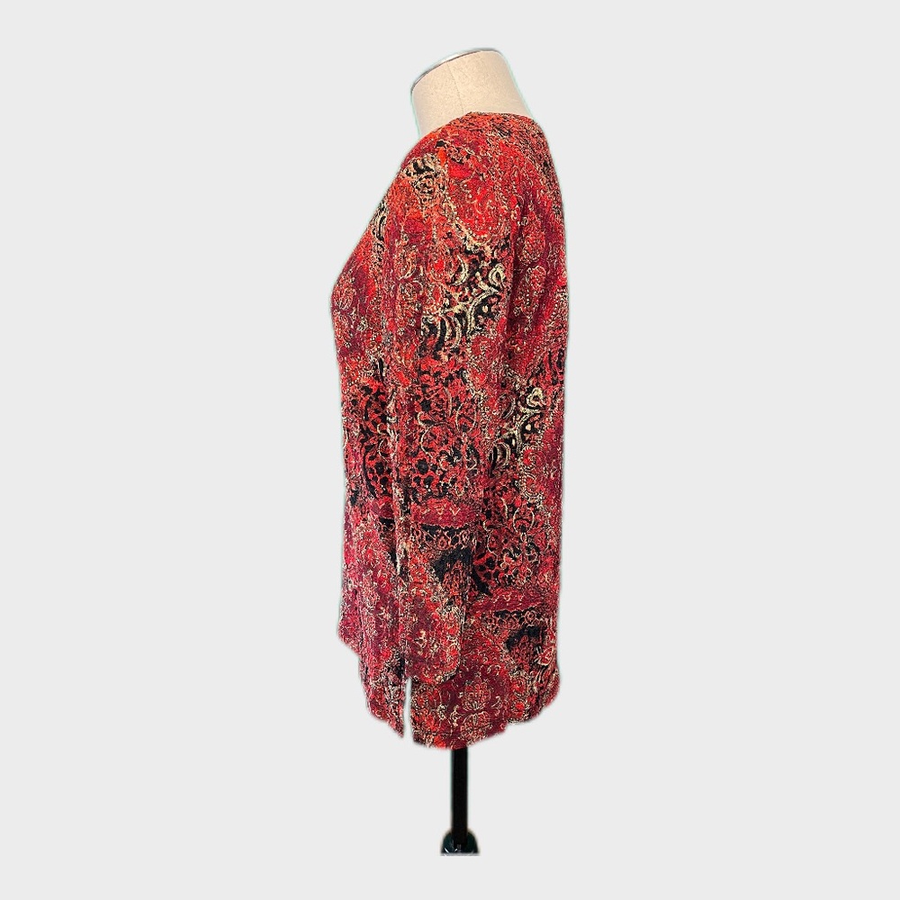 Red Black Paisley Blouse 3/4 Sleeve Top by JM Collection Petite Medium 🌹✨ - Picture 3 of 11